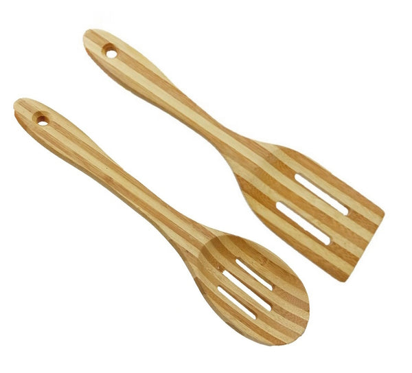 Bamboo Spatula Cooking Utensils Set - Pack of 2, Stripe Design - Ladles & Turners for Cooking, Serving, Mixing