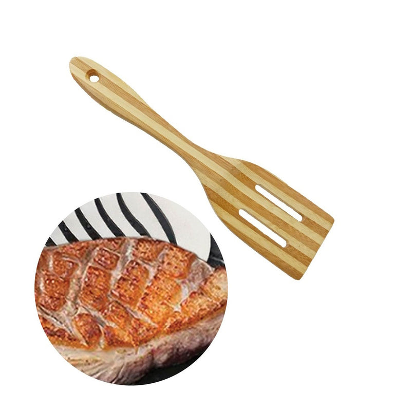 Bamboo Spatula Cooking Utensils Set - Pack of 2, Stripe Design - Ladles & Turners for Cooking, Serving, Mixing