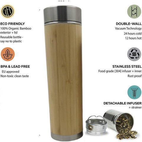 500 ML Eco Friendly Bamboo Stainless Steel Vacuum Insulated Flask - Idle for Hot and Cold Brews (B6)