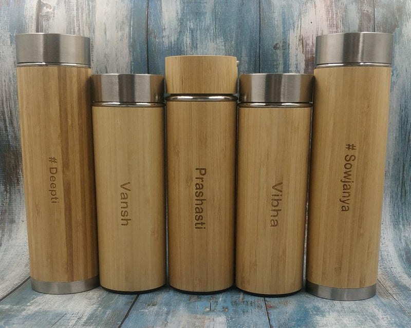 Personalized Engraved Stainless Steel Bamboo Steel Flask with Plant Engraving - B1